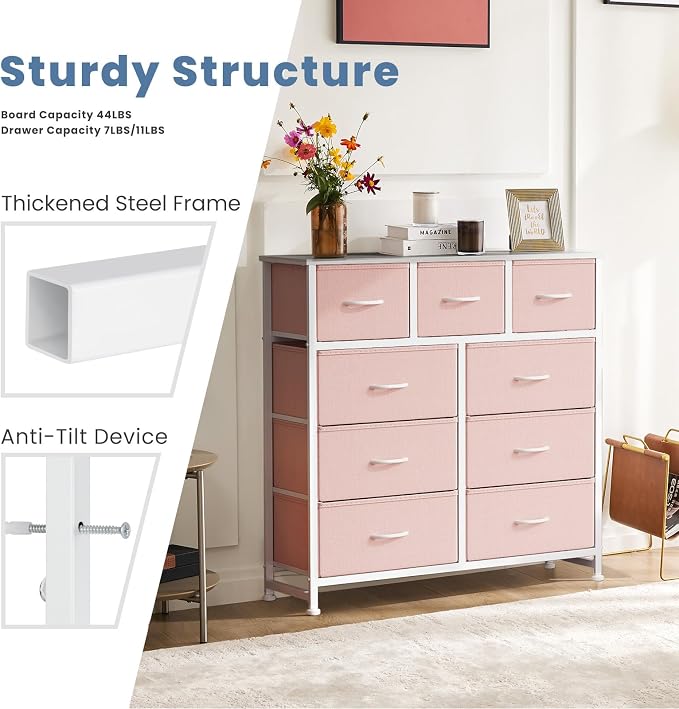 DUMOS 9 Drawer Dresser for Bedroom, Storage Organizer Chest of Drawers | Fabric Bins Storage Tower with Sturdy Metal Frame, Wood Tabletop for Closet, Pink