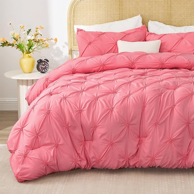 BEDELITE King Comforter Set Strawberry Pink,Lightweight & Soft Comforter | Pintuck Boho Bedding, Warm & Cute Bed Set for All Season,With 2 Pillowcases