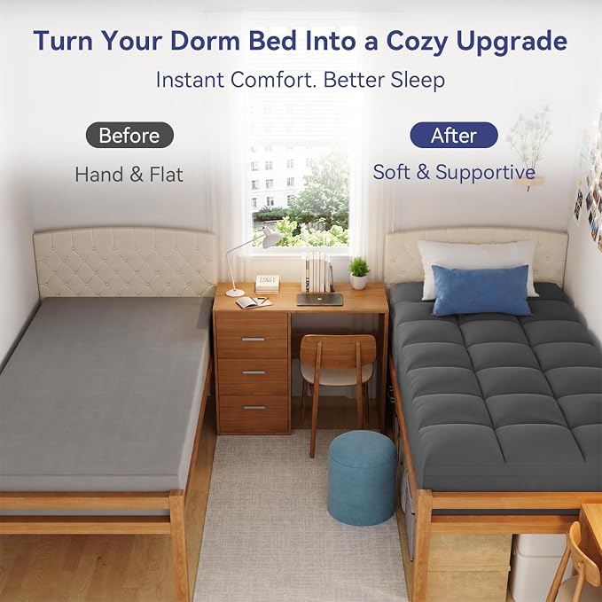 ELEMUSE Twin XL Grey Mattress Topper for College Dorm, Thick Pillow Top | Extra long twin mattress pad with deep pocket, plush college dorm room essential for girls & guys, ideal for back to school