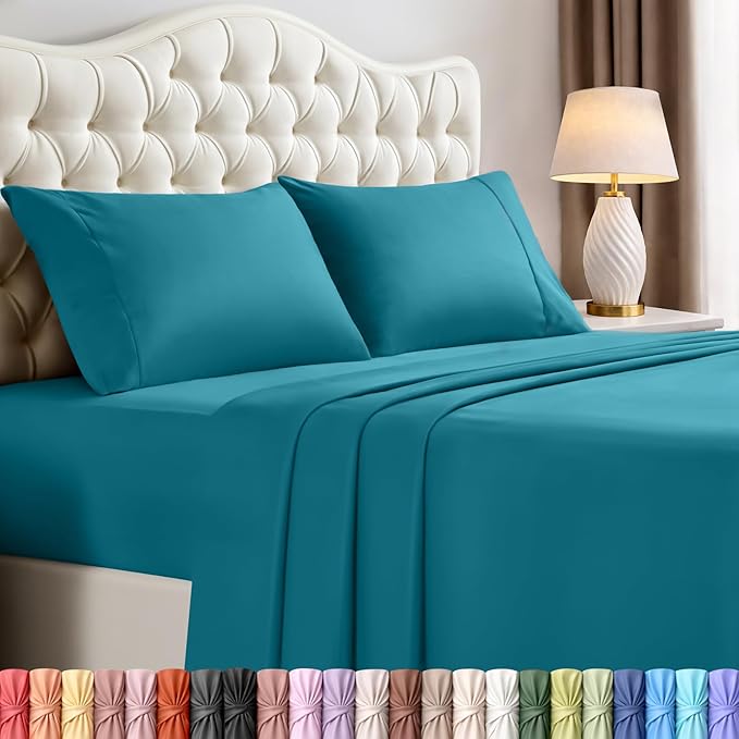 Full Sheets Set, 4 Pieces 16" Deep Pocket Hotel Luxury Sheets, Denim Blue | Extra Soft Bedsheet Set, Comfy & Breathable Cooling Sheets, Wrinkle & Fade Resistant, Fitted Sheet, Flat Sheet, 2 Pillowcases