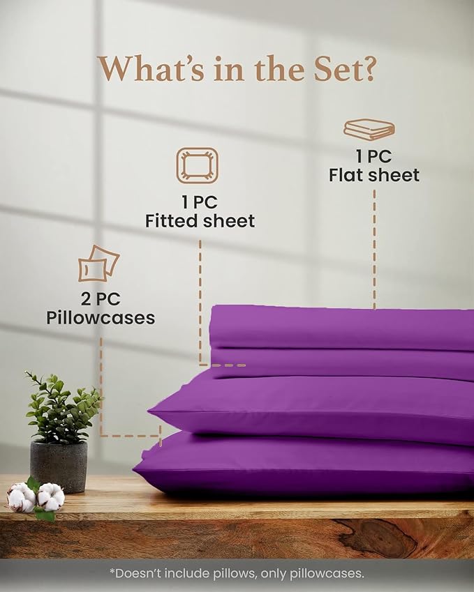 Good Sleep Bedding 100% Egyptian Cotton Sheets Queen Size Bed Set, 4 Piece Silky Sateen Weave Queen Sheet Set, Ultra-Soft & Durable Hotel Luxury, 16 Inch Queen Sheets Deep Pocket - Purple