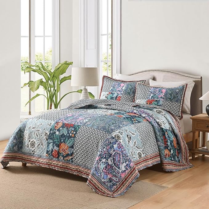 VISIMISI Cotton Bedspread Quilt Bedding Sets Reversible Coverlet Sets 3 Pieces Vintage Floral Blue Teal Patchwork Bedspread, King Size