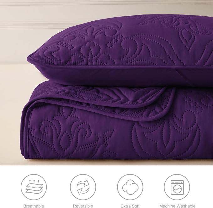 Whale Flotilla Cal King Quilt Set Vintage Damask Reversible Bedspread | Suitable for Bed, 3 Pieces Purple Lightweight Breathable Oversized Quilts, Ultrasonic Coverlet Bed Cover with 2 Pillow Shams