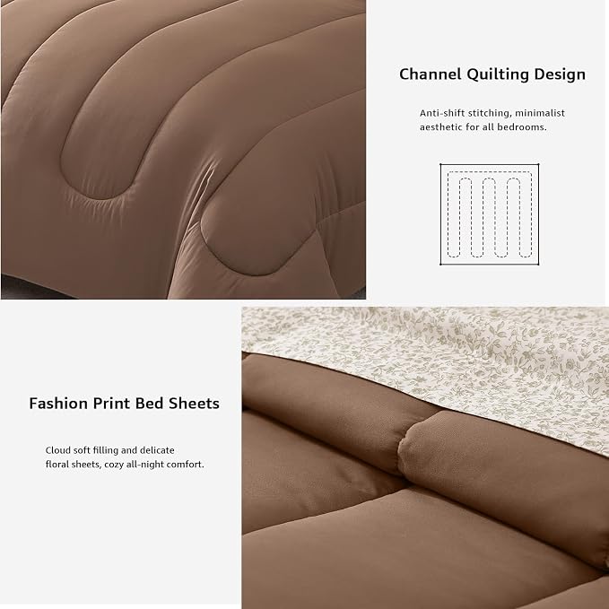 Monbix Queen Comforter Set - 7 Pieces Soft Bed in a Bag Queen Bedding Sets | All Season Brown Track Stitching Comforter Bed Set with Printed Sheets, Pillowcases & Shams