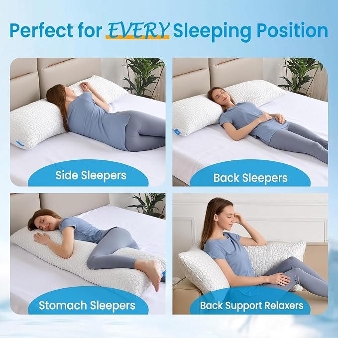 QUTOOL Cooling Pillow for Sleeping, CertiPUR-US Shredded Memory Foam Full Body Pillow Set of 1, Long Pillow for Bed with Removable Double-Sided Soft & Cool Cover, Soft Yet Support,White