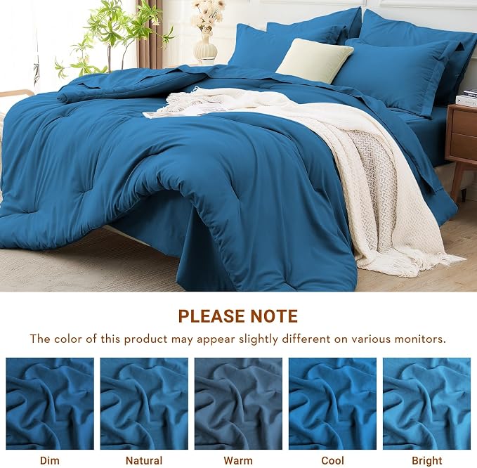7 Pieces King Comforter Set, Soft Bed in a Bag King Size, All Season Bedding Set with Comforter, Flat Sheet, Fitted Sheet, Pillowcases & Shams, Bluish Green