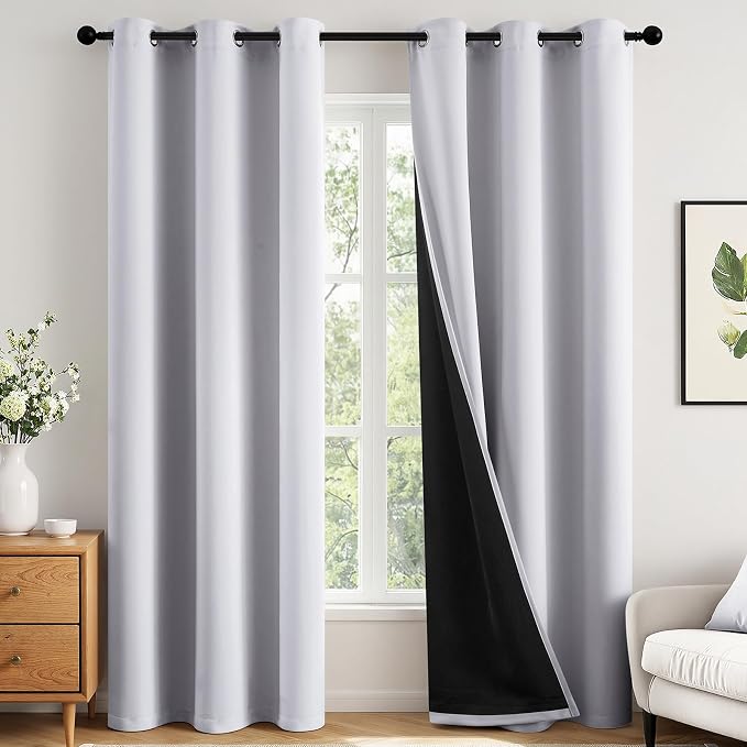 MIULEE Greyish White 100% Blackout Curtains for Bedroom 96 Inch Long | 2 Thick Layers Thermal Insulated Window Curtains with Black Liner, Noise Reducing Grommet, Drapes for Living Room, 2 Panels