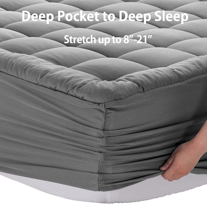 EASELAND Queen Size Mattress Pad Pillow Top Mattress Topper Cotton Top | 8-21" Deep Pocket Cooling Mattress Cover/Protector 60x80 Inches Light Grey,Boxing Quilted & Machine Washable