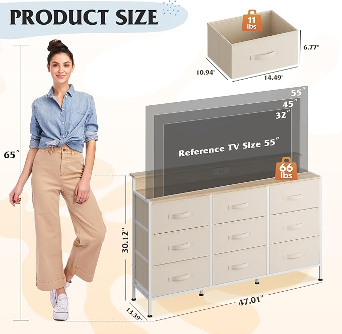 WLIVE Dresser TV Stand 9 Drawers, Fabric Chest of Drawers LED Lights, Cream | Cream 9-drawer dresser TV stand fits 55in TV with RGB LED lights and charging station, fabric media console for living room