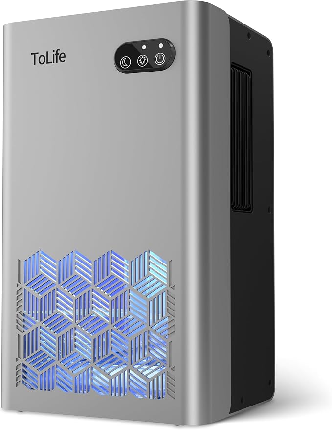 ToLife Dehumidifier, 1000 Sq Ft 95 oz Tank with Sleep Mode, Auto Shutoff | Portable for Home, Bedroom, Bathroom and Basement with 7-Color LED Light, Silver