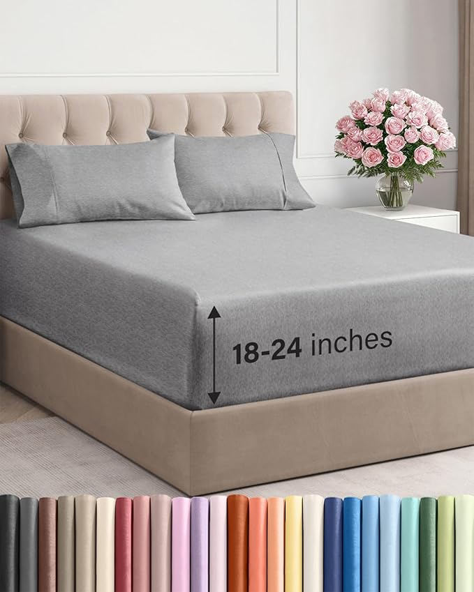 Extra Deep King Sheet Set - 4 Piece Breathable & Cooling - Heathered Grey | Easily Fits 18 to 24 inch Mattress - Ultra Soft, Wrinkle & Fade Free with Extra Deep Pockets - Comfy Hotel Luxury Bedding