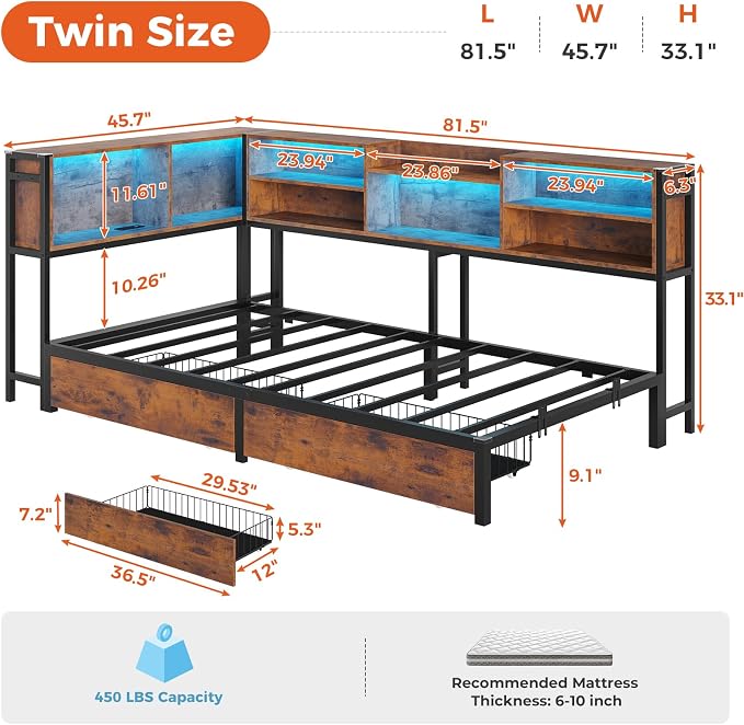 DICTAC Twin Corner Bed Frame with Bookcase Storage Headboard and Led Lights Twin Size Metal Platform Bed Frames with 2 Drawers and Charging Station,Twin Size Daybed with Storage for Kids Teen,Rustic