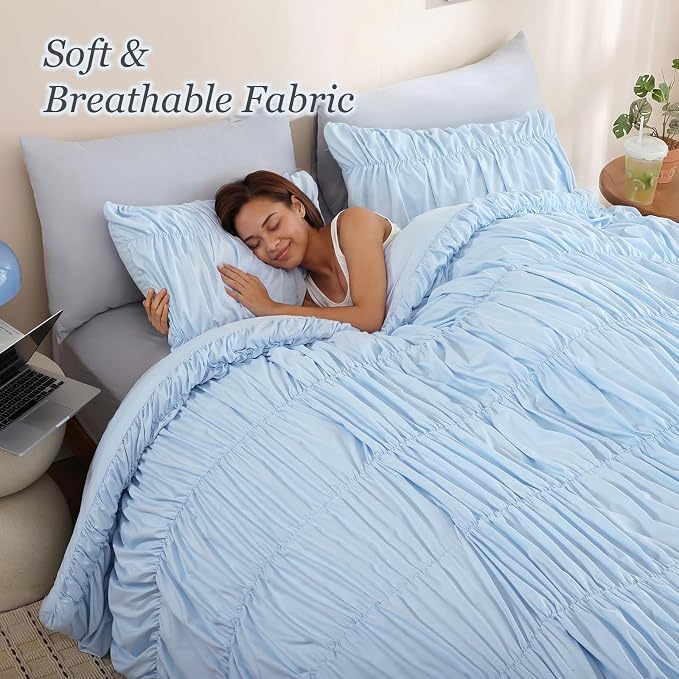 weigelia Light Blue Ruched Comforter Set King Size, Cute Girls Bedding Set | All Season, Soft Microfiber Comforter, Cozy Cinched Design for Home & Bedroom Decor (1 Comforter,2 Pillowcases)