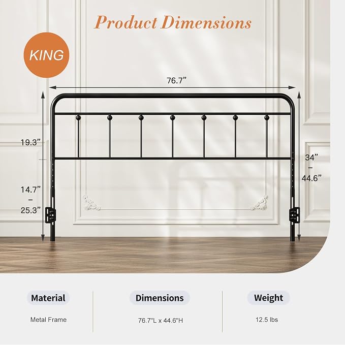 Victorian Metal King Size Headboard Only, Black | 34"-44.6" Adjustable Height, Steel King Head Board with Bed Frame Brackets Adapter, Easy Assembly, Farmhouse Vintage Style
