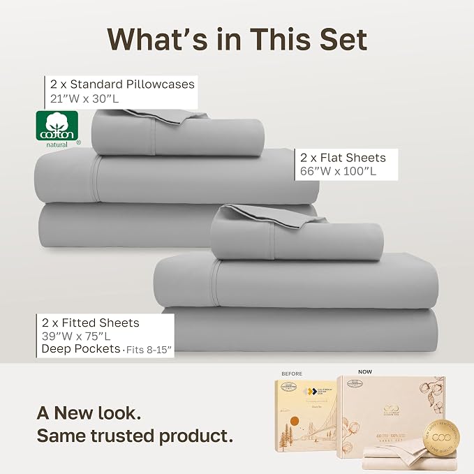 California Design Den 2-Pack 100% Cotton Sateen Twin Bedsheets Set | 400 Thread Count Backed by Good Housekeeping Seal, All-Around Elastic, Durable, Easy Care, OEKO-TEX certified - Light Grey