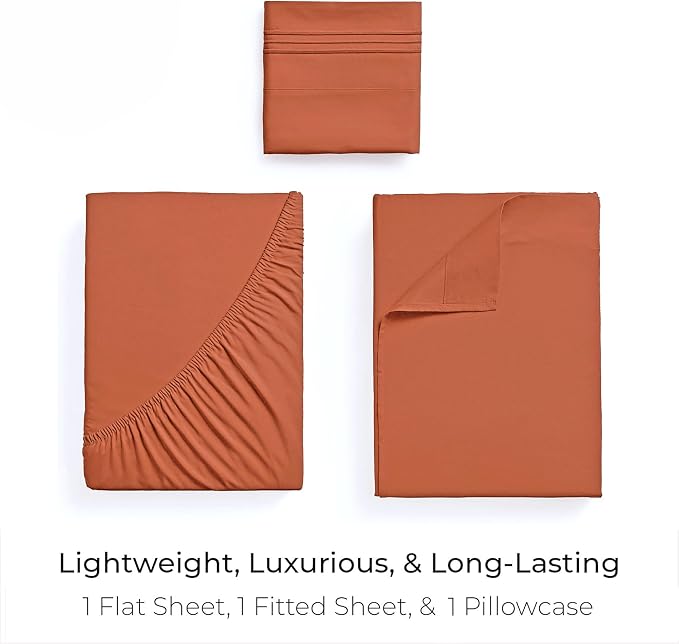 Mellanni Iconic 3-Piece, Ultra Soft Sheet Set (Twin, Terracotta) | 10M+ Sleepers. Lab-tested: Sleeps Cool, Stays Bright, Strong, Smooth. Good Housekeeping Best Bedding, 7 yrs running.