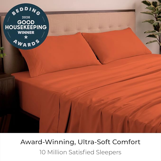 Mellanni Iconic 4-Piece, Ultra Soft Sheet Set (Cal King, Poppy Orange) | 10M+ Sleepers. Lab-tested: Sleeps Cool, Stays Bright, Strong, Smooth. Good Housekeeping Best Bedding, 7 yrs running.