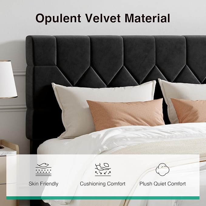 Novilla Queen Bed Frame with Headboard, Bed Frame Queen Size with Wood Slats Support, Velvet Upholstered Pull-Point Headboard, No Box Spring Needed, Heavy Duty Feet, Easy Assembly, Black Velvet