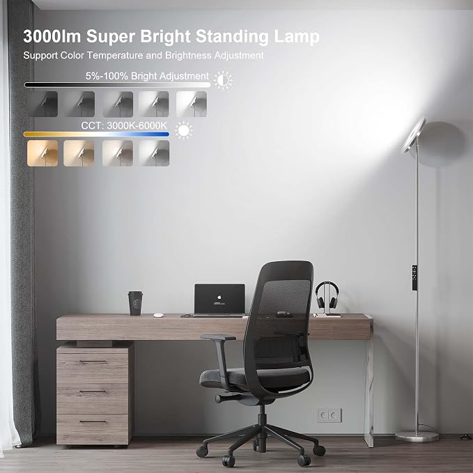 SUNMORY Floor Lamps for Living Room，LED Standing Lamp with Remote Control | 32W/3000LM Super Bright, 69" Tall Floor Lamp with Stepless Dimmable, Modern Torchiere Corner Lamp for Bedroom, Office Nickel