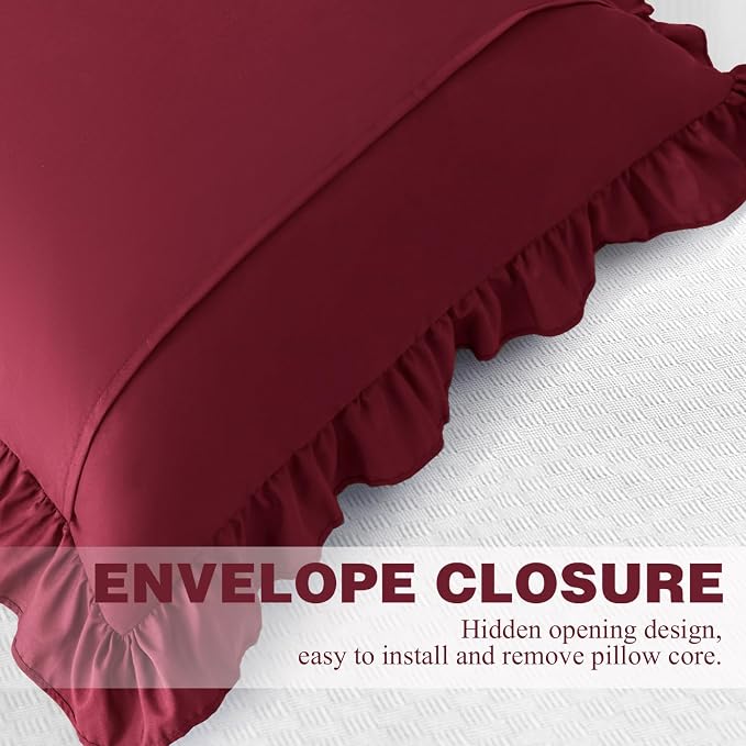 KKJIAF 2 Pack Ruffle Pillow Cases 26x26 Inches, Burgundy | Square Ruffled Pillow Covers, Microfiber Wrinkle Resistant Pillow Shams with Envelope Closure for Sofa Bed Living Room