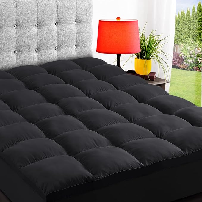 ELEMUSE Full XL Black Mattress Topper, Thick Pillow Top Mattress Pad | Plush comfort from overfilled down alternative fill. Deep pocket fits Full XL beds for tall sleeper, apartment and guest room