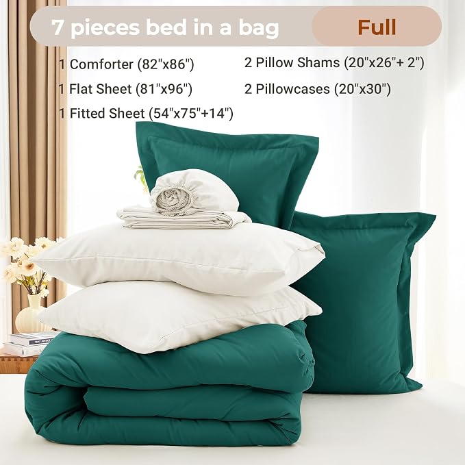 7 Pieces Full Comforter Set, Soft Bed in a Bag Full Size, All Season Bedding Set with Comforter, Flat Sheet, Fitted Sheet, Pillowcases & Shams, Peacock Blue & Ivory