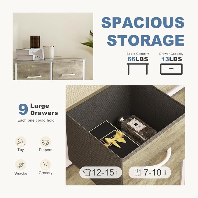 DUMOS 9 Drawer Dresser for Bedroom, Storage Organizer Chest of Drawers | Fabric Bins Storage Tower with Sturdy Metal Frame, Wood Tabletop for Closet, Oak