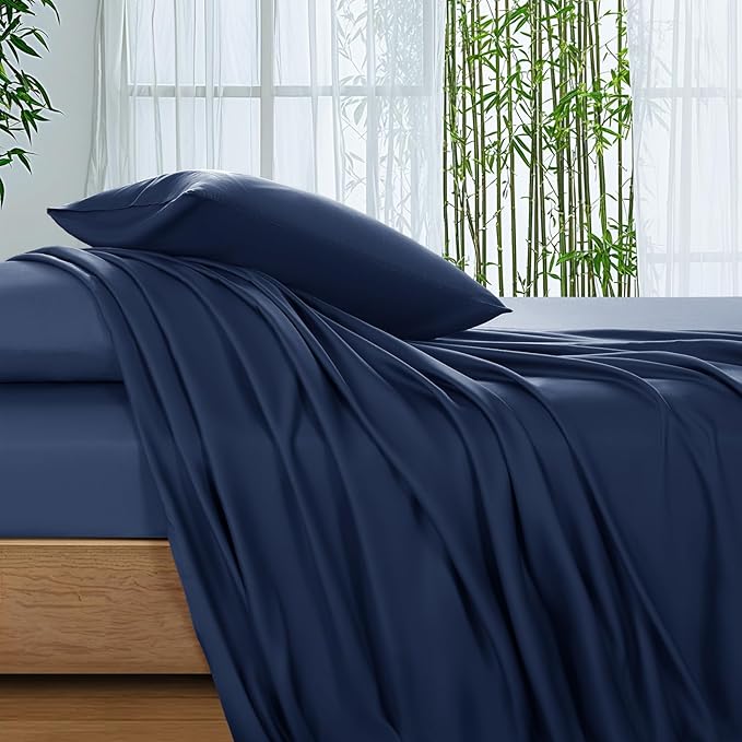 SONORO KATE 100% Viscose Derived from Bamboo_Sheets King Size,4PC | Cooling Bed Sheets for Hot Sleepers,Soft Breathable & Silky,16" Deep Pocket,Luxury Hotel Bedding,Navy Blue
