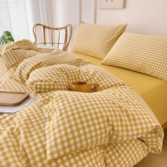 LifeTB Yellow Gingham Comforter King Comforter Set Geometric Checkered Plaid Bedding Comforter with 2 Pillowcases Fluffy Soft Lightweight Bedding Boho Grid Plaid Comforter Set King for All Seasons