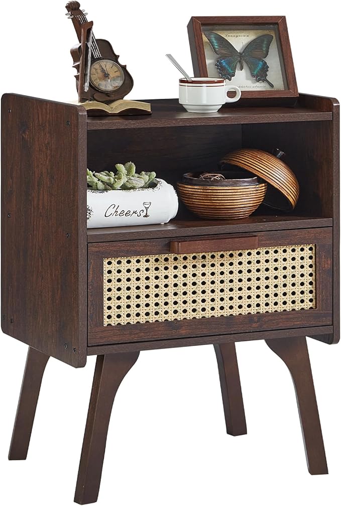 Lerliuo Rattan Nightstand, Bedside Table with Drawer Open Shelf | Cane Accent Side End Table with Solid Wood Legs, Walnut Vintage Night Stand for Bedroom, Dorm and Small Spaces