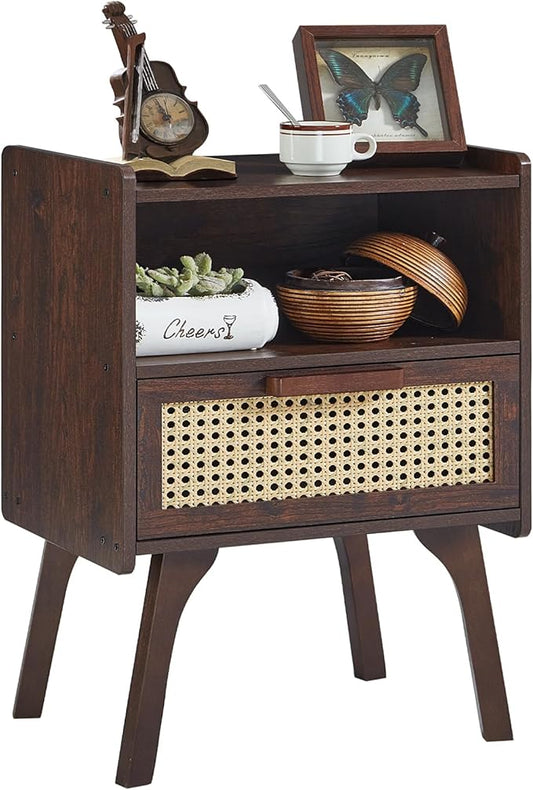 Lerliuo Rattan Nightstand, Bedside Table with Drawer Open Shelf | Cane Accent Side End Table with Solid Wood Legs, Walnut Vintage Night Stand for Bedroom, Dorm and Small Spaces