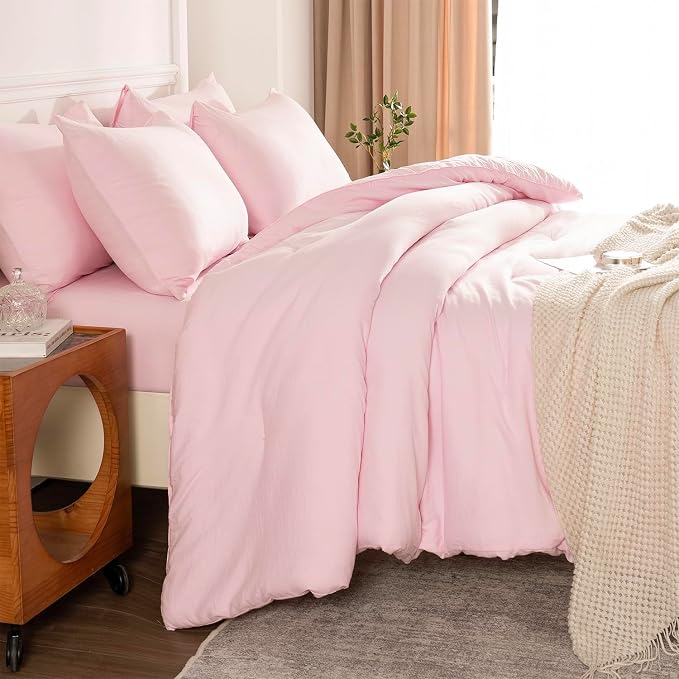 King Comforter Pink Set 3 Pieces Soft Bedding Bright Comforter King Lightweight Light Pink Style Comforter Set for All Seasons 1 Comforter and 2 Pillowcases (Pink, King)