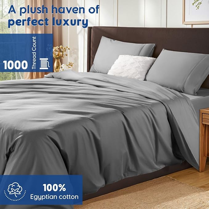 SONORO KATE 1000 Series 100% Egyptian Cotton King Duvet Cover Set,3PC | Long Staple Cotton,Sateen Weave,Soft,Breathable,Luxury Hotel Bedding,All-Season,Hidden Zipper Closure,Grey