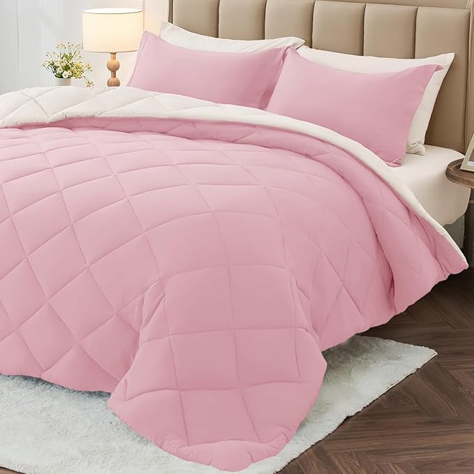 7 Pieces Full Comforter Set, Reversible Bed in a Bag Full Size, All Season Bedding Set with Comforter, Flat Sheet, Fitted Sheet, Pillowcases & Shams, Light Pink & Ivory