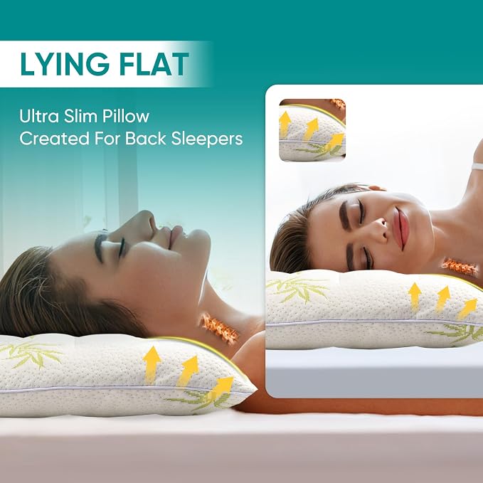 MINUPWELL Ultra Thin Pillows, Flat Pillows for Sleeping Thin, 7D High Support 2.5 inch Height Slim Bed Pillows for Stomach Sleeper, King Size -18x36 in - Rayon Derived from Bamboo