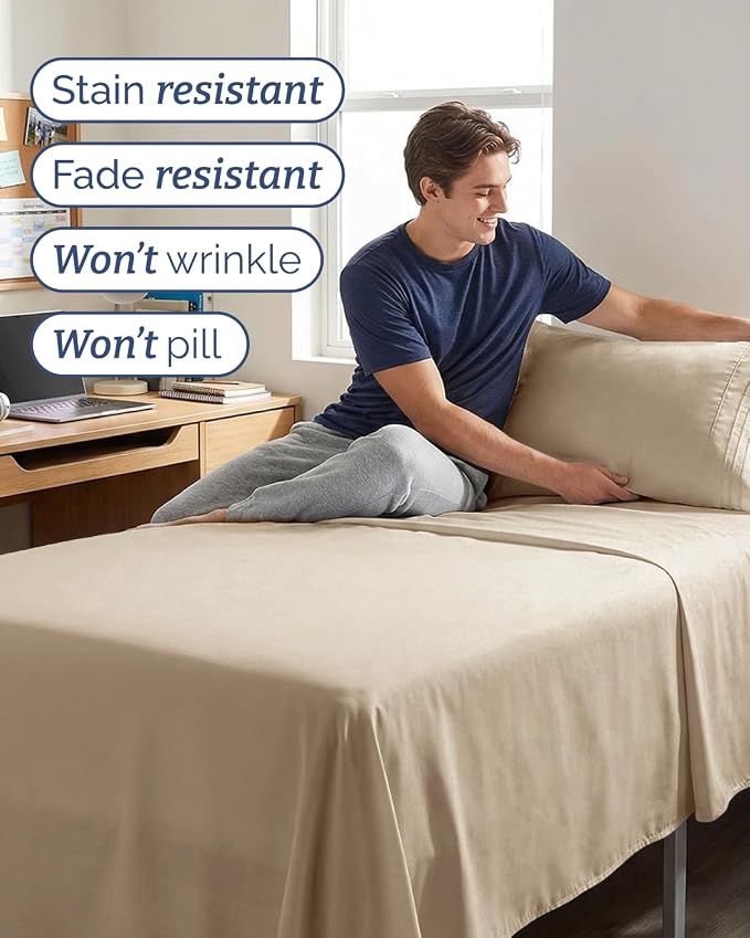 Twin XL 4 Piece Sheet Set - College Dorm Room Essentials - Cream | Ultra Soft Dorm Bedding Set, 8" to 16" Inch Deep Pockets, 1 Flat & 1 Fitted Sheet & 2 Pillowcases, Wrinkle & Fade Free