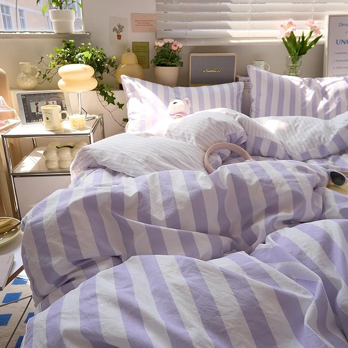 LifeTB Striped Comforter Set Queen, Vintage Purple White Stripes Pattern Printed Bedding Set, Lightweight Soft Striped Bed Comforter with 2 Pillowcases, Farmhouse 3 Piece Comforter Set for All Season