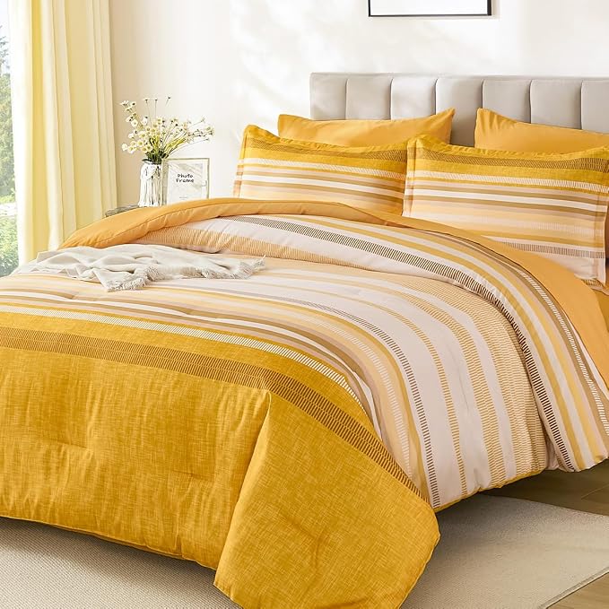 Dobuyly Yellow Comforter Set Queen Size 7 Piece, Boho Striped Bed in a Bag Queen Soft Microfiber Bedding Sets with Comforter, Sheets, Pillowcases & Shams All Season