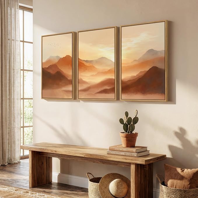Framed Orange Abstract Mountain Wall Art for Living Room, 3 Piece, 24x36 In | Large, Landscape, Sunset scenic, Terracotta, Modern, Hallway, Home office, Dining room, Bedroom wall decor, Canvas artwork