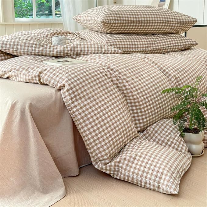 Nayoroom Brown Gingham Duvet Cover Set King Tan Plaid Checkered Bedding | Soft Breathable Washed Microfiber, All-Season Comfort, Hidden Zipper, 4 Corner Ties, Modern Farmhouse Cottage, Dorm Bedding