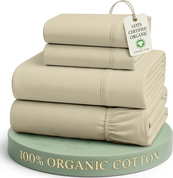 LANE LINEN 100% Organic Cotton Bed Sheets Full Size, Fully Elasticized Reinforsed Seams in Fitted Pocket, Machine Washable Naturally Cooling Full Sheet Deep Pocket Bedding- Linen