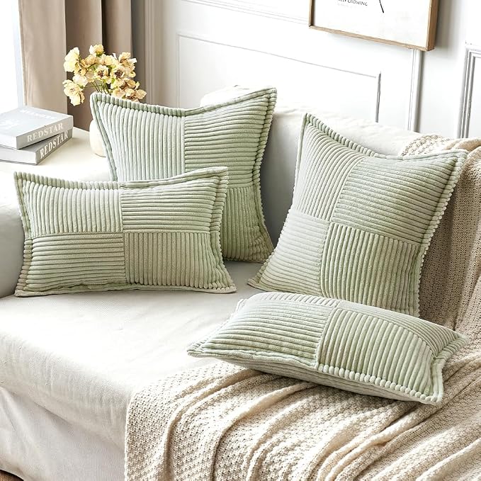 MIULEE Decorative Throw Pillow Covers for Couch 20x20 Inch Light Green | 2 Pack, Boho Broadside Striped Patchwork Pillow Covers, Soft Corduroy Cushion Cases, For Sofa Bed Livingroom Home Decor