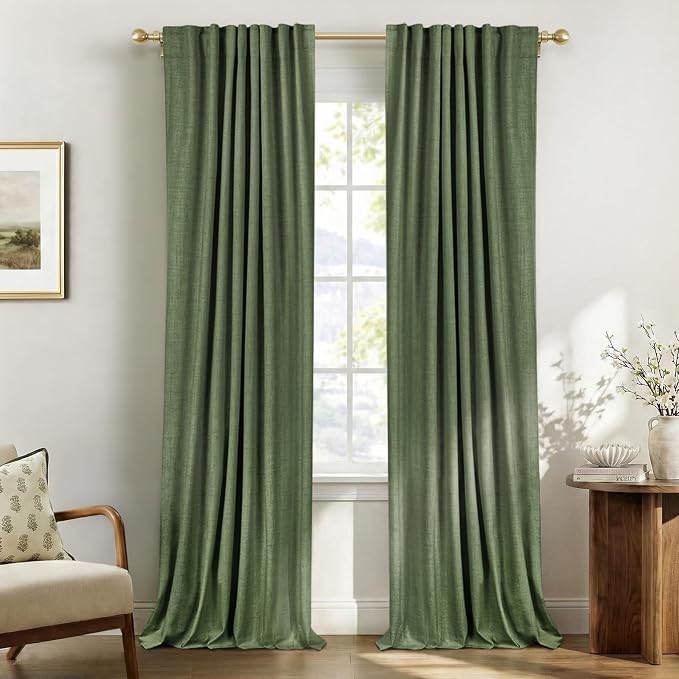 Faux Linen Total Blackout Curtains for Bedroom 102 Inches Long, Olive Green | 100% Blackout Shield, Back Tab/Rod Pocket Living Room Drapes, Thermal Insulated Blackout Curtains 2 Panels Set, 50"W x 102"L