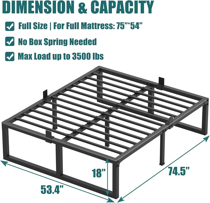 Yitong Angel Full Size Bed Frame, 18 Inch Heavy Duty Support 3500 lbs Metal Platform, No Box Spring Needed/Noise Free/Non-Slip/Steel Slat Support/Easy Assembly