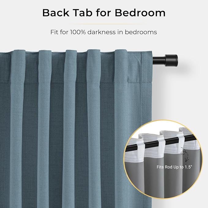 INOVADAY 100% Blackout Curtains for Bedroom Black Out Curtains 84 Inch Long | Stone Blue Living Room Curtains 2 Panels, Clip Rings Linen Look Blackout Drapes, Thermal Insulated Room Darkening,W50xL84