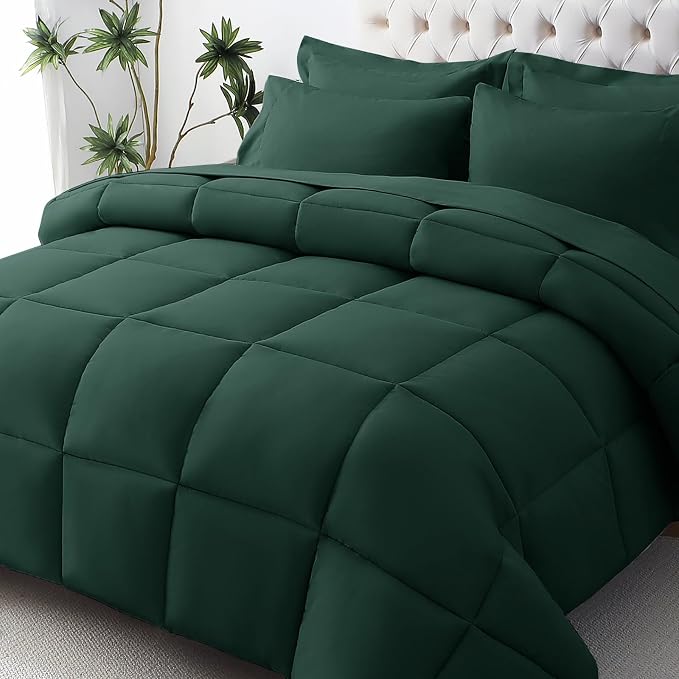 JOLLYVOGUE Queen Comforter Set, Ultra-Soft Bed in a Bag Queen Size 7 Pieces, Oeko-TEX Certified Bedding Set with Down Alternative Comforter, Sheets, Pillowcases & Shams, Emerald Green