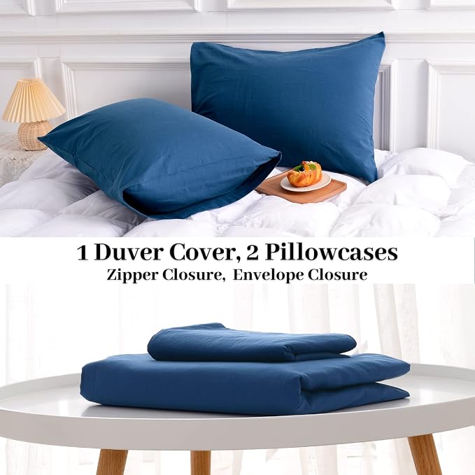 NEXHOME PRO Duvet Cover Set 100% Washed Cotton Oversized Queen 98"x98", Organic Natural Linen Look Textured 3 Pieces Bedding Set Royal Navy Klein Blue with Zipper Closure, Soft (No Comforter)