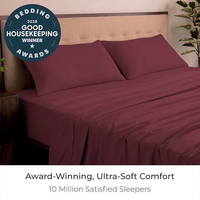 Mellanni Iconic 4-Piece, Ultra Soft Sheet Set (King, Burgundy) | 10M+ Sleepers. Lab-tested: Sleeps Cool, Stays Bright, Strong, Smooth. Good Housekeeping Best Bedding, 7 yrs running.