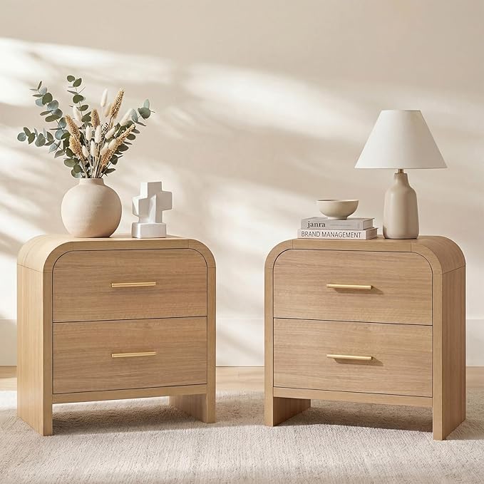 Night Stand Set of 2, 2-Drawer | [Curved Profile] [FSC-Certified Wooden Board] Nightstand 24" H Metal Handle Modern Bedside Table Side Table End Table