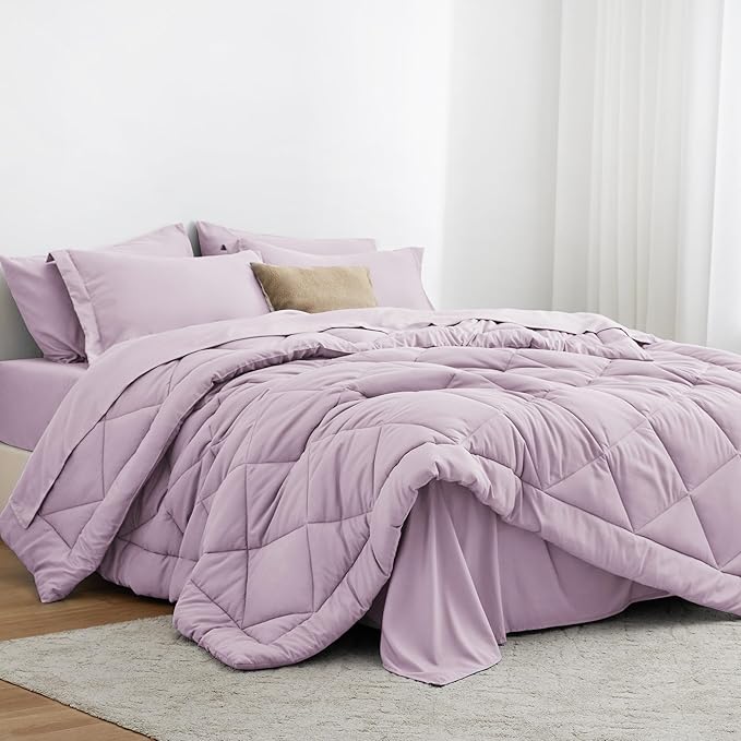Love's cabin Queen Comforter Set Light Purple, 7 Pieces Queen Bed in a Bag, All Season Bedding Sets with 1 Comforter, 1 Flat Sheet, 1 Fitted Sheet, 2 Pillowcase and 2 Pillow Sham